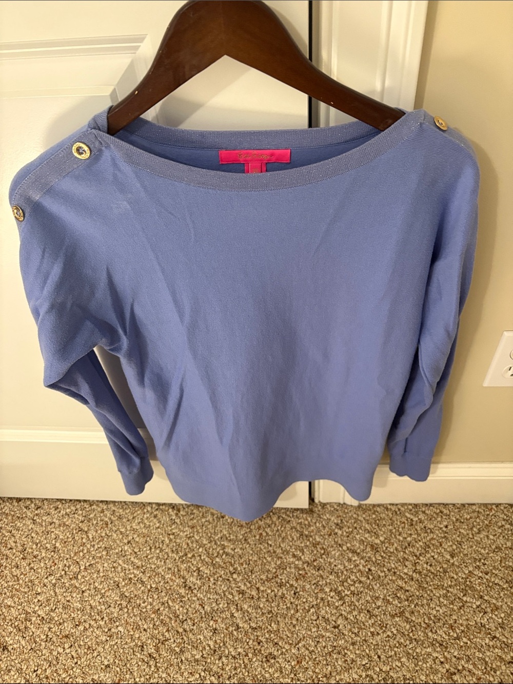 Lilly Pulitzer Periwinkle Boatneck Sweater with Gold Shoulder Buttons